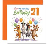 Divertida tarjeta de cumpleaños número 21, rebosante de alegría de cumpleaños, perros, globos y confeti en una animada escena de celebración, cuadrada de 145 mm, sobre incluido