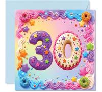 Divertida tarjeta de cumpleaños número 30 - Dulce celebración para un gran 3-0 - Colorido diseño de donas y gránulos con detalles de estrellas - cuadrado de 145 mm, sobre incluido