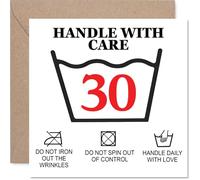 Divertida tarjeta de cumpleaños número 30, mango con cuidado, diseño de instrucciones de cuidado atrevidas con divertido giro de 30 pulgadas, un guiño descarado para golpear el gran 3-0, cuadrado de