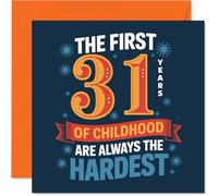 Divertida tarjeta de cumpleaños número 31 con texto en inglés "Still a Big Kid at Heart", diseño audaz azul y naranja con cita divertida de la infancia, cuadrada de 145 mm, sobre incluido