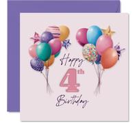 Divertida tarjeta de cumpleaños número 4 - Diversión de cumpleaños brillante - Globos pastel y estrellas con un atrevido rosa 4 - lleno de vibraciones de celebración - cuadrado de 145 mm, sobre