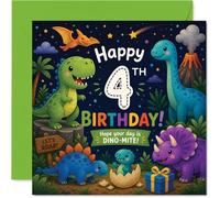 Divertida tarjeta de cumpleaños número 4 - Diversión rugiendo para su gran día - Coloridos dinosaurios fiesta a través de un fondo brillante - 145 mm cuadrado, sobre incluido