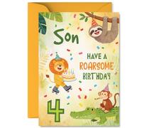 Divertida tarjeta de cumpleaños número 4 para hijo - Explosión de alegría de cumpleaños - Animales de la selva en una aventura de fiesta pastel - A5, sobre incluido