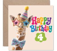 Divertida tarjeta de cumpleaños número 4 - Trae las risitas - jirafa en sombrero de fiesta y gafas de estrella golpea una postura tonta, cuadrada de 145 mm, sobre incluido