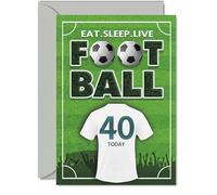Divertida tarjeta de cumpleaños número 40 - Eat Sleep Live Football - tono verde audaz con diseño de camiseta '40 Today' - Diversión para cumpleaños de hitos locos por el fútbol - A5, sobre incluido