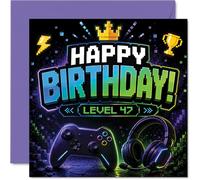 Divertida tarjeta de cumpleaños número 47 - Level Up Their Big Day - Diseño audaz de controlador de juegos y auriculares - Cuadrado de 145 mm, sobre incluido