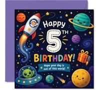 Divertida tarjeta de cumpleaños número 5 - Blast off into Birthday Fun - Space Rocket y alegre aventura alienígena - colores vibrantes que hacen que sea un verdadero punto de atracción - cuadrado de