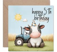 Divertida tarjeta de cumpleaños número 5 - Gran felicitación de cumpleaños con un tractor y una vaca de fiesta - Diversión de granja en colores soleados - Cuadrado de 145 mm, sobre incluido