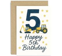 Divertida tarjeta de cumpleaños número 5 para niños, tractores y excavadores, regalo de segundo cumpleaños, adorables gráficos de vehículo, para hijo, sobrino, nieto, hermano, 5 años, interior en