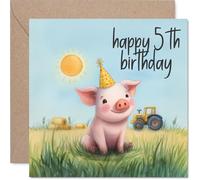 Divertida tarjeta de cumpleaños número 5 - Piggy Party Fun - Cerdo alegre en un sombrero de fiesta en una granja soleada - Colores pastel brillantes que dan vida a la celebración - Cuadrado de 145 mm