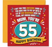 Divertida tarjeta de cumpleaños número 55 para mamá, Big Happy 55 Vibes, diseño rojo, amarillo y azul con divertido grito "Mum, You're 55" - Cuadrado de 145 mm, sobre incluido