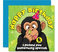 Divertida tarjeta de cumpleaños número 6 - Hilaridad de recoger tu nariz - Mono de dibujos animados descarado en un sombrero de fiesta en verde selva frondoso - Seguro que conseguirá risitas de