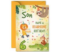 Divertida tarjeta de cumpleaños número 6 para hijo - Diversión en la selva para su gran día - León patinando sobre ruedas con pastel, perezoso, mono y cocodrilo en una escena de fiesta - A5, sobre