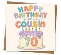 Divertida tarjeta de cumpleaños número 70 para primos - Happy Birthday To The Most Awesome Cousin, diseño de pastel colorido