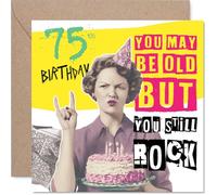 Divertida tarjeta de cumpleaños número 75 - Still Rocking at 75 - Humor rosa y amarillo con divertido mensaje en inglés «You May Be Old but You Still Rock», cuadrado de 145 mm, sobre incluido