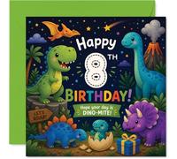 Divertida tarjeta de cumpleaños número 8 - Diversión rugiendo para los fanáticos de los dinosaurios - Dinosaurios coloridos en una escena de la selva - Garantizado para hacer su 8º cumpleaños