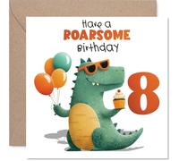 Divertida tarjeta de cumpleaños número 8 - Divertido cumpleaños - dinosaurio de dibujos animados alegre con globos y magdalenas - Colores brillantes para una celebración de Dino-Mad - Cuadrado de 145