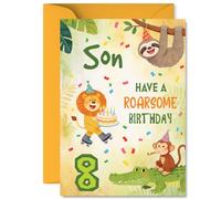 Divertida tarjeta de cumpleaños número 8 para hijo, llena de diversión de la selva de cumpleaños, animales de fiesta, pastel y confeti para crear una celebración salvaje, tamaño A5, sobre incluido