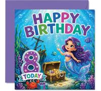 Divertida tarjeta de cumpleaños número 8 - Sumérgete en la diversión de cumpleaños - sirena caprichosa y escena del tesoro con naufragio, criaturas marinas y número brillante de 8 a 145 mm, cuadrado