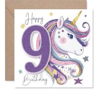 Divertida tarjeta de cumpleaños número 9 - Bursting with Birthday Magic - Unicornio caprichoso con 9 brillantes y estrellas coloridas - Seguro que deleitará a cualquier fan de unicornios - Cuadrado de