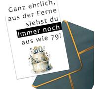 Divertida tarjeta de cumpleaños para 30, 40, 50, 60, 70 y 80 cumpleaños con texto en inglés "Ganz honestlich, von der Fernne noch aus der Ferne sehen du noch wie 49!" mit dunkelgrün mit Goldfolie (80