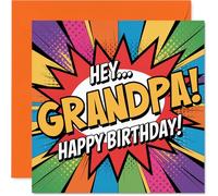 Divertida tarjeta de cumpleaños para abuelo, rebosante de energía cómica, vibrante diseño de arte pop con audaz "hey... Grandpa!", cuadrado de 145 mm, sobre incluido