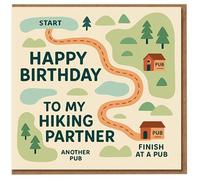 Divertida tarjeta de cumpleaños para compañero de senderismo - Mapa de sendero con texto en inglés "Happy Birthday to My Hiking Partner", acabado de inicio a pub