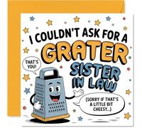 Divertida tarjeta de cumpleaños para cuñada, juego de palabras y sonrisas grandes, dibujos animados de rallador de queso con leyenda divertida, cuadrada de 145 mm, sobre incluido