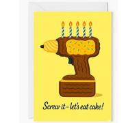 Divertida tarjeta de cumpleaños para él - Screw It Let's Eat Cake - Diseño de taladro eléctrico con velas - Tarjeta de cumpleaños humorística para papá, marido, novio, constructor o manitas - Tarjeta