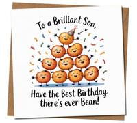 Divertida tarjeta de cumpleaños para hijo con texto en inglés «To a Brilliant Son, Have the Best Birthday There's Ever Bean» - Bonita ilustración de frijoles horneados - 145 mm x 145 mm, incluye sobre