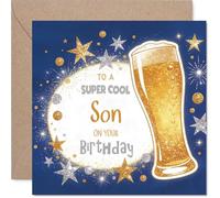 Divertida tarjeta de cumpleaños para hijo - Raise a Birthday Toast - Vaso de pinta brillante, estrellas y destellos en azul marino - Divertida celebración para tu mejor chico - Cuadrado de 145 mm