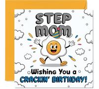 Divertida tarjeta de cumpleaños para madrastra, risas de cumpleaños de huevo, personaje de huevo de dibujos animados alegre con un toque juguetón, seguro que romperá una sonrisa, cuadrado de 145 mm