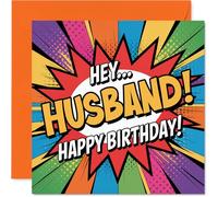 Divertida tarjeta de cumpleaños para marido, rebosante de energía cómica, vibrante diseño de arte pop y texto en inglés "HEY... HUSBAND!", cuadrado de 145 mm, sobre incluido