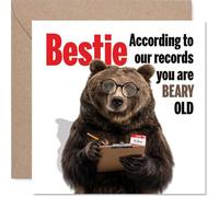 Divertida tarjeta de cumpleaños para mejor amiga, mejilla con cara de oso, oso con portapapeles que llama a tu estado de "Beary Old", cuadrado de 145 mm, sobre incluido