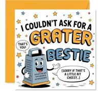Divertida tarjeta de cumpleaños para mejores amigas, Grate Mates Forever, personaje alegre rallador con texto en inglés "Punny Cheesy", perfecta para amistades gastronómicas, cuadrado de 145 mm, sobre
