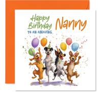 Divertida tarjeta de cumpleaños para niñera, llena de alegría de cumpleaños, cuatro adorables perros, globos y confeti en una escena brillante y festiva, cuadrada de 145 mm, sobre incluido