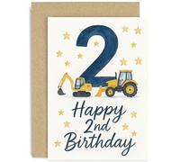 Divertida tarjeta de cumpleaños para niño, tractor y excavador, regalo de segundo cumpleaños, adorable gráfico de vehículo, para hijo, sobrino, nieto, hermano, edad 2, interior en blanco con sobre