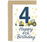 Divertida tarjeta de cumpleaños para niño, tractor y excavador, regalo de segundo cumpleaños, adorable gráfico de vehículo, para hijo, sobrino, nieto, hermano, edad 4, interior en blanco con sobre