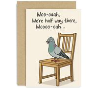 Divertida tarjeta de cumpleaños para papá, marido, hijo, novio, esposa, regalo con texto en inglés "Woo-oaah, We're Half Way There", ilustración peculiar de pájaro de dibujos animados, para amigos