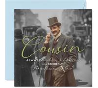 Divertida tarjeta de cumpleaños para primos - Encantadora travesura para un primo elegante - Foto vintage con estilo bigote - 145 mm cuadrada, sobre incluido