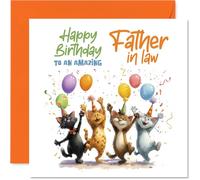 Divertida tarjeta de cumpleaños para suegro, llena de alegría de cumpleaños, gatos de dibujos animados, globos y confeti en una celebración animada, cuadrada de 145 mm, sobre incluido