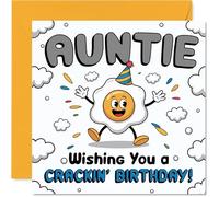 Divertida tarjeta de cumpleaños para tía, deseos de cumpleaños de huevo, huevo de dibujos animados alegre en sombrero de fiesta con confeti, seguro que romperá una sonrisa, cuadrado de 145 mm, sobre