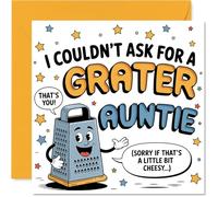Divertida tarjeta de cumpleaños para tía, juego de palabras y sonrisas cursis, dibujos animados divertidos de rallador con leyenda ingeniosa, día de la madre, cuadrado de 145 mm, sobre incluido