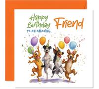 Divertida tarjeta de cumpleaños para un amigo - Bursting with Birthday Cheer - Perros animados y globos coloridos en una celebración llena de confeti - Cuadrado de 145 mm, sobre incluido