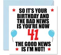 Divertida tarjeta de cumpleaρos nϊmero 41 para hombres y mujeres Malas noticias Tarjetas de feliz cumpleaρos para hijo de 41 aρos, hija, herm