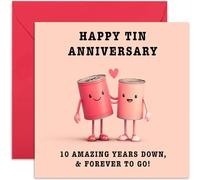 Divertida tarjeta de décimo aniversario, diseño único, "Happy Tin Anniversary" 10 años abajo, interior en blanco con sobre