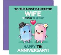 Divertida tarjeta de décimo aniversario para esposa, diez años de felicidad nupcial, adorables latas de dibujos animados tomados de la mano, cuadrada de 145 mm, sobre incluido