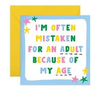Divertida tarjeta de felicitación de cumpleaños con texto en inglés "I'm Often Mistaken for an Adult Because of My Age", divertida tarjeta colorida para amigos, mejor amigo, hermano, hermana, hijo