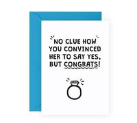 Divertida tarjeta de felicitación para él - "No Clue How You Convinced Her" - Tarjeta de felicitación para amigo, mejor amigo, hermano, amigo, amigo, niño, novio - Viene con calcomanías