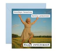 Divertida tarjeta de jubilación para ella - "Goodbye Tension, Hello Pension!" - Tarjeta humorística para colega, amigo, mamá, papá, mujer alegre saltando en el campo - Feliz jubilación - Viene con
